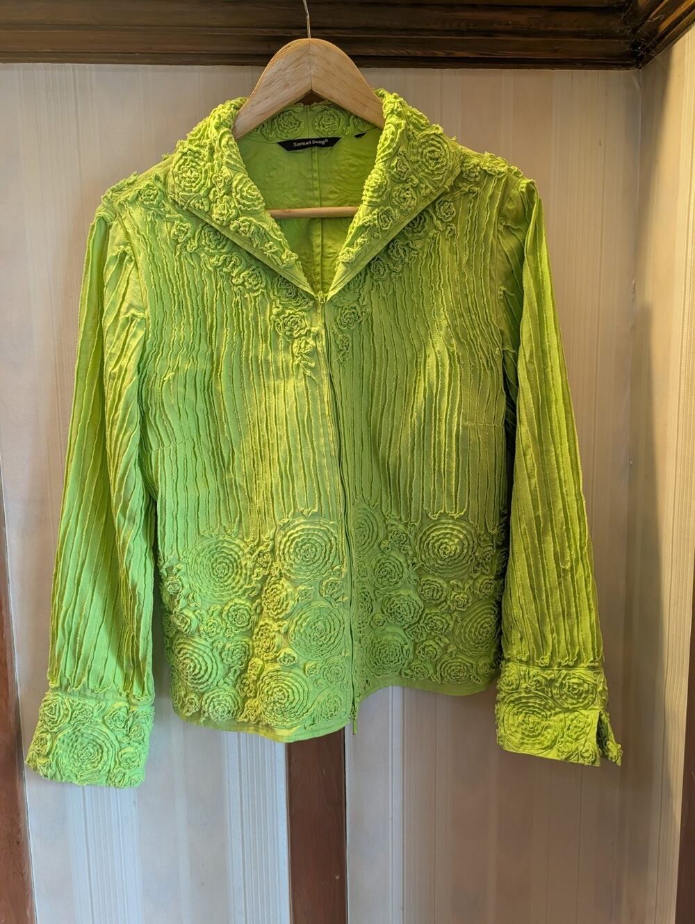 Samuel Dong Womens Blazer Jacket Stretch Taffeta Ruffle Textured Zip Up Crop XS